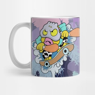 Cute slluks character fatty boy is skating on a big wave illustration Mug